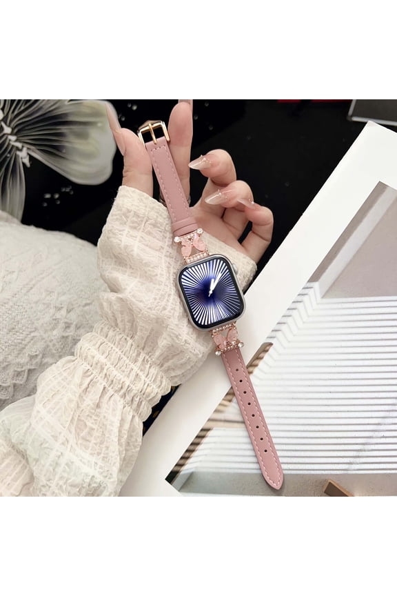 Genuine Leather Bands for Apple Watch 38/40/41/42mm(S10), Thin Dressy Strap with Bling Butterfly Metal Buckle for Women Girls, for iWatch Series 10 9 8 SE Ultra 7 6 5 4 3 2 1, Pink