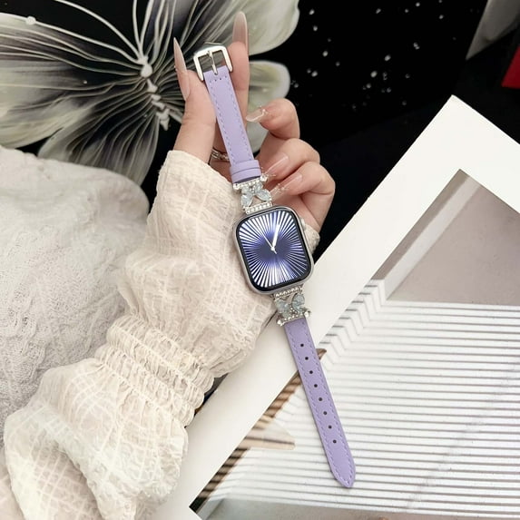 Genuine Leather Bands for Apple Watch 42(Series 1/2/3)/44/45/46/49mm, Thin Dressy Strap with Bling Butterfly Metal Buckle for Women Girls, for iWatch Series 10 9 8 SE Ultra 7 6 5 4 3 2 1, Purple