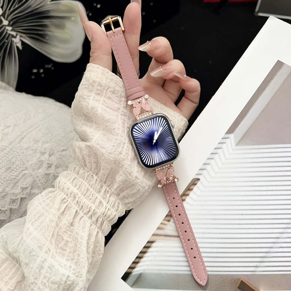 Genuine Leather Bands for Apple Watch 42(Series 1/2/3)/44/45/46/49mm, Thin Dressy Strap with Bling Butterfly Metal Buckle for Women Girls, for iWatch Series 10 9 8 SE Ultra 7 6 5 4 3 2 1, Pink