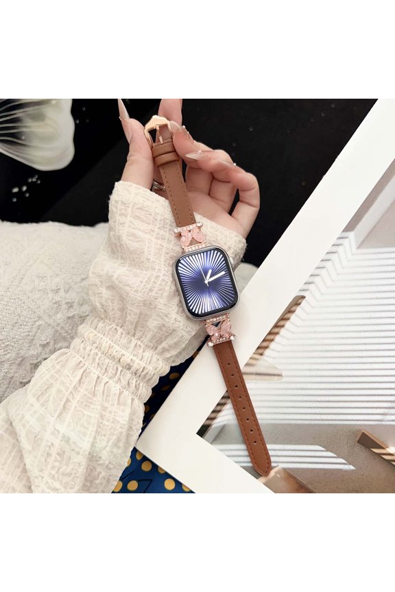 Genuine Leather Bands for Apple Watch 42(Series 1/2/3)/44/45/46/49mm, Thin Dressy Strap with Bling Butterfly Metal Buckle for Women Girls, for iWatch Series 10 9 8 SE Ultra 7 6 5 4 3 2 1, Brown
