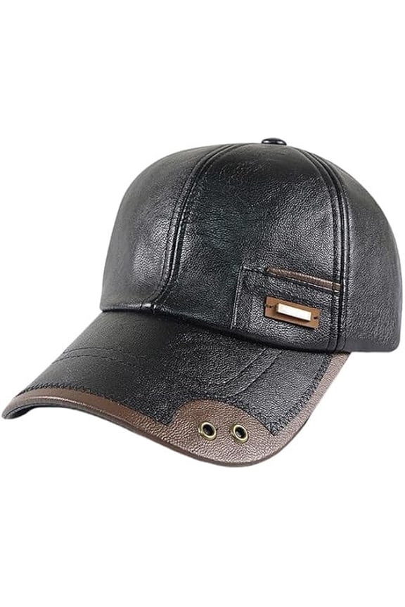 Genuine Leather Baseball Cap for Men, Winter Warm Fleece Lined Adjustable Hat with Windproof Shell, Classic Snapback Cap for Cold Weather, Outdoor Daily Wear and Fall Winter Fashion Accessory