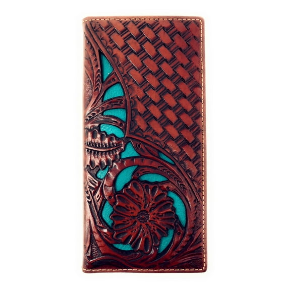 Genuine Leather Basketweave Floral Tooled Laser Cut Mens Long Bifold Wallet