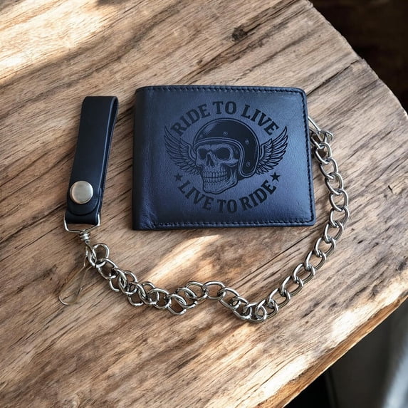 Genuine Leather Biker Wallet W/ Chain Bi-Fold Trucker Wallet Ride To Live by Mdream