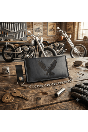 Genuine Leather Biker Wallet With Chain Bi-Fold Trucker Wallet Flying Eagle by Mdream