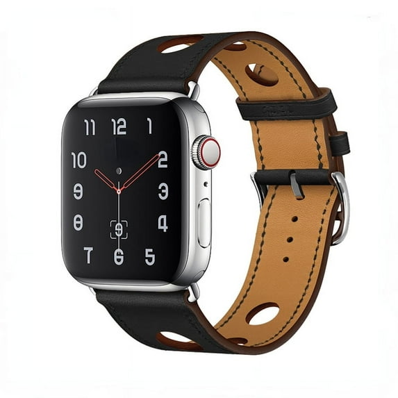 Genuine Leather Bracelet Strap for Apple Watch Band 45mm 49mm 41mm 44mm 42mm 40mm band for iWAtch Ultra/2 10 42/46mm 9 8 7 6 5 4 SE (6 Holes Black,S10-46 45 44 42 49mm)