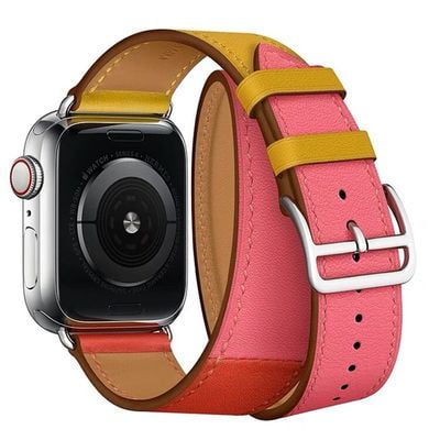 Genuine Leather Bracelet Strap for Apple Watch Band 45mm 49mm 41mm 44mm 42mm 40mm band for iWAtch Ultra/2 10 42/46mm 9 8 7 6 5 4 SE (Double Ambre-red,S10-42 41 40 38mm)