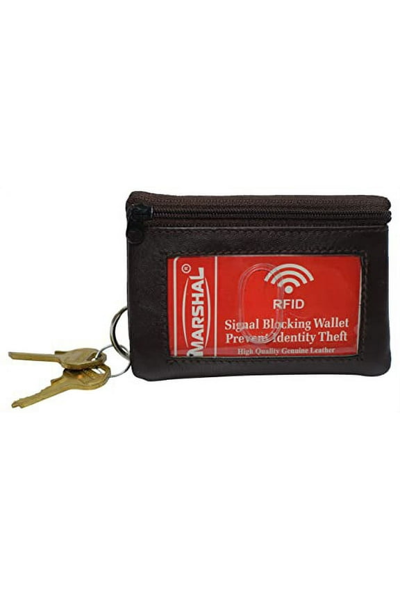 Genuine Leather Brown Zippered Change Purse Wallet with ID Window & Key Ring