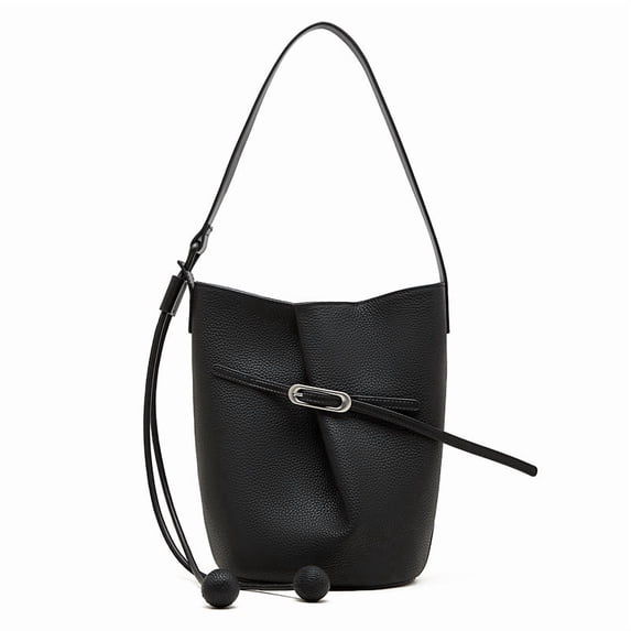 Genuine Leather Bucket Bag, Women's Grainy Drawstring Shoulder Crossbody Handbag Purse