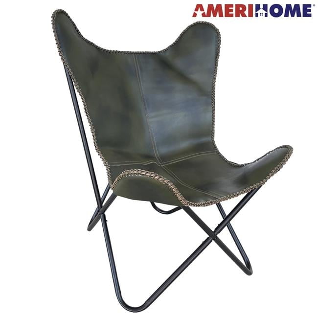 Tan Leather Butterfly Accent Chair with Metal Frame