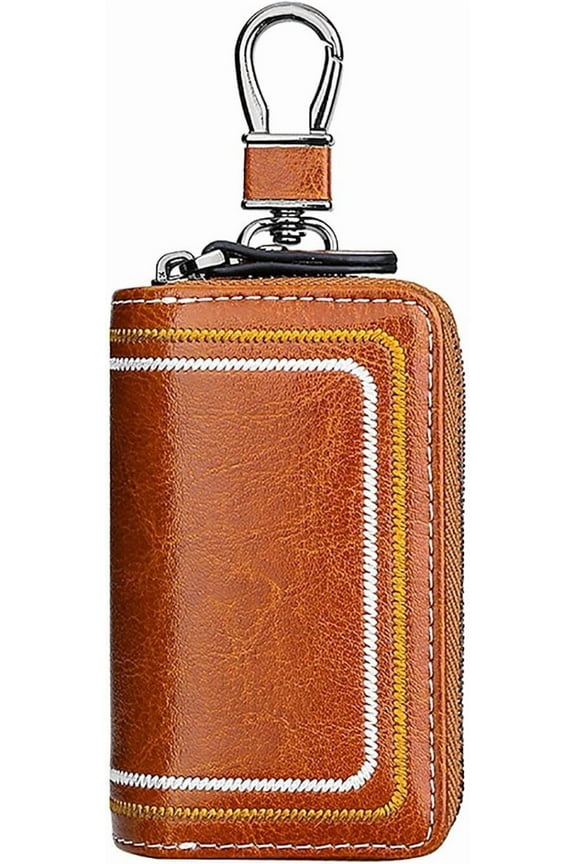 Genuine Leather Car Key Fob Case Holder for Men and Women, Double Zipper Key Case Bag, with Embroidery Thread