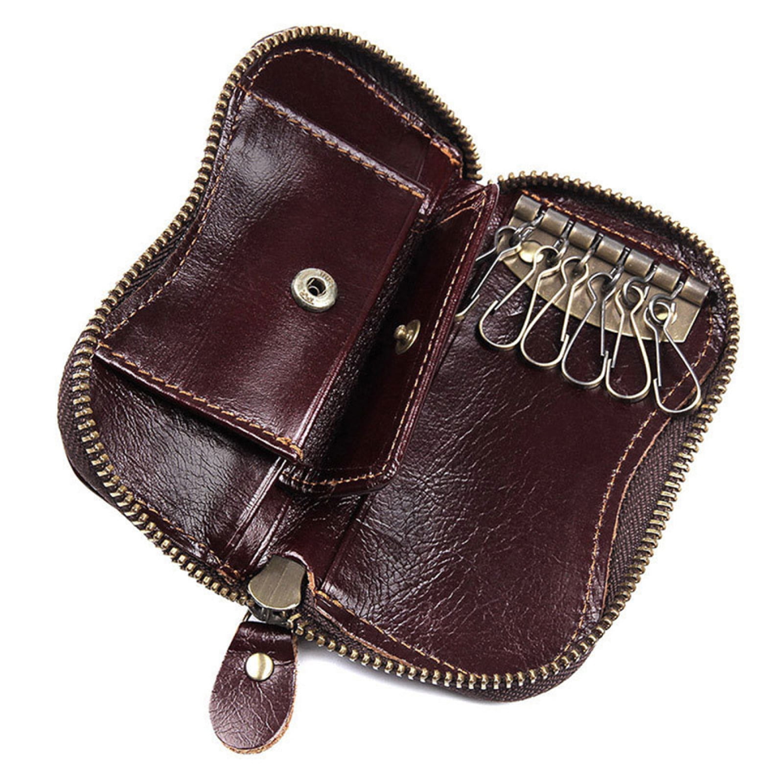 Genuine Leather Car Key Keychain Holder Card Holder Portable Zippered ...