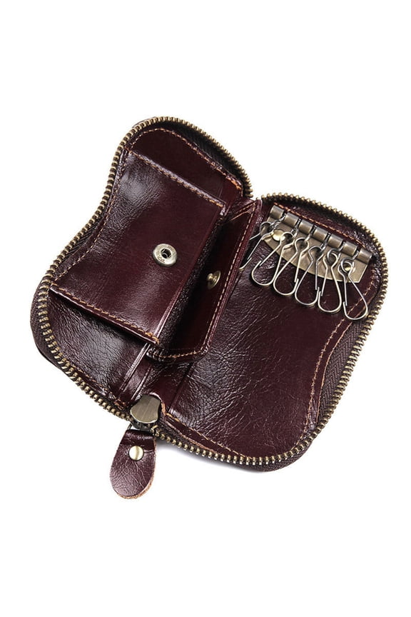 Genuine Leather Car Key Keychain Holder Card Holder Portable Zippered Key Case with 6 Hook