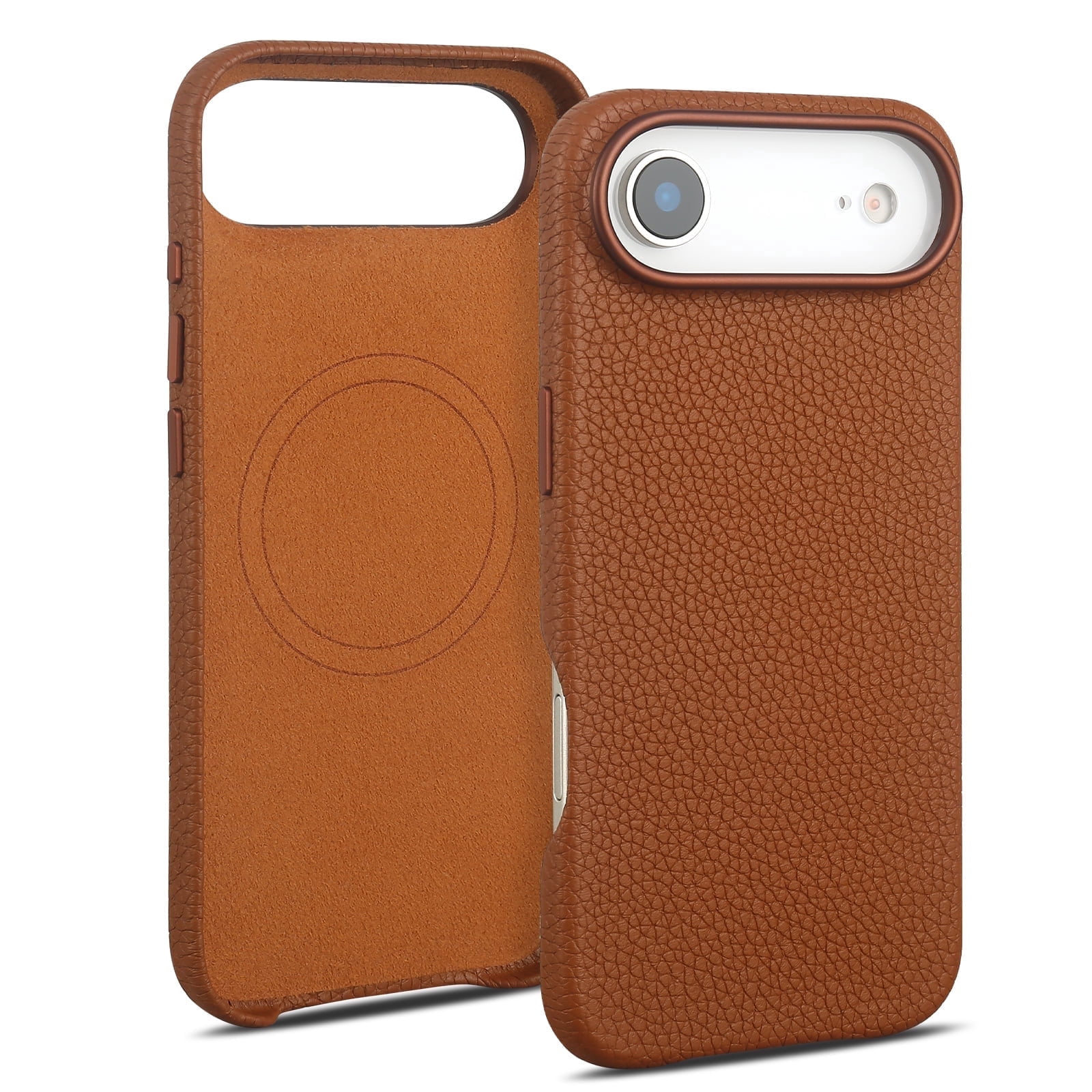 Genuine Leather Case for iPhone 17 Air (6.5 inch)，Premium Litchi Grain Cowhide Cover，2025 New Shockproof & Slim Protective Case with Soft Microfiber Lining，Brown Fit for MagSafe