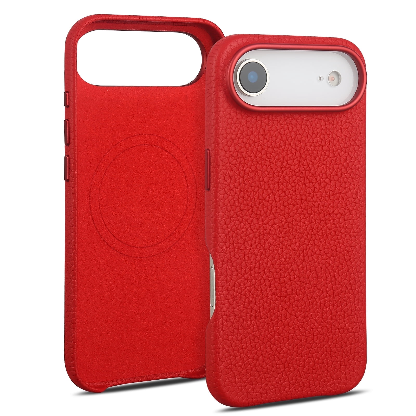 Genuine Leather Case for iPhone 17 Air (6.5 inch)，Premium Litchi Grain Cowhide Cover，2025 New Shockproof & Slim Protective Case with Soft Microfiber Lining，Red Fit for MagSafe