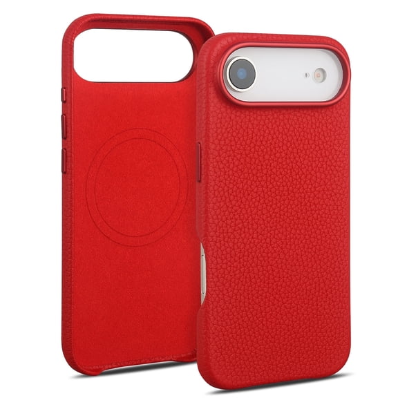 Genuine Leather Case for iPhone 17 Air (6.5 inch)，Premium Litchi Grain Cowhide Cover，2025 New Shockproof & Slim Protective Case with Soft Microfiber Lining，Red Fit for MagSafe