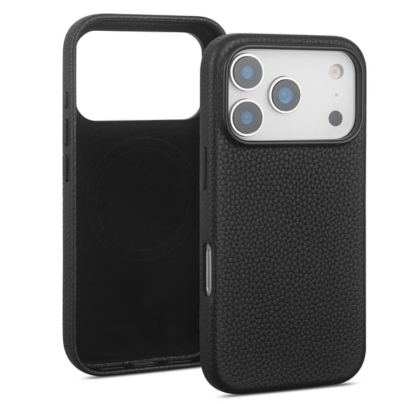 Genuine Leather Case for iPhone 17 Pro (6.3 inch),Premium Litchi Grain Cowhide Cover,2025 New Shockproof & Slim Protective Case with Soft Microfiber Lining,Black Fit for MagSafe