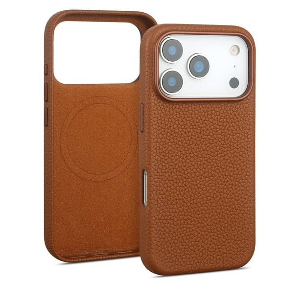 Genuine Leather Case for iPhone 17 Pro (6.3 inch),Premium Litchi Grain Cowhide Cover,2025 New Shockproof & Slim Protective Case with Soft Microfiber Lining,Brown Fit for MagSafe