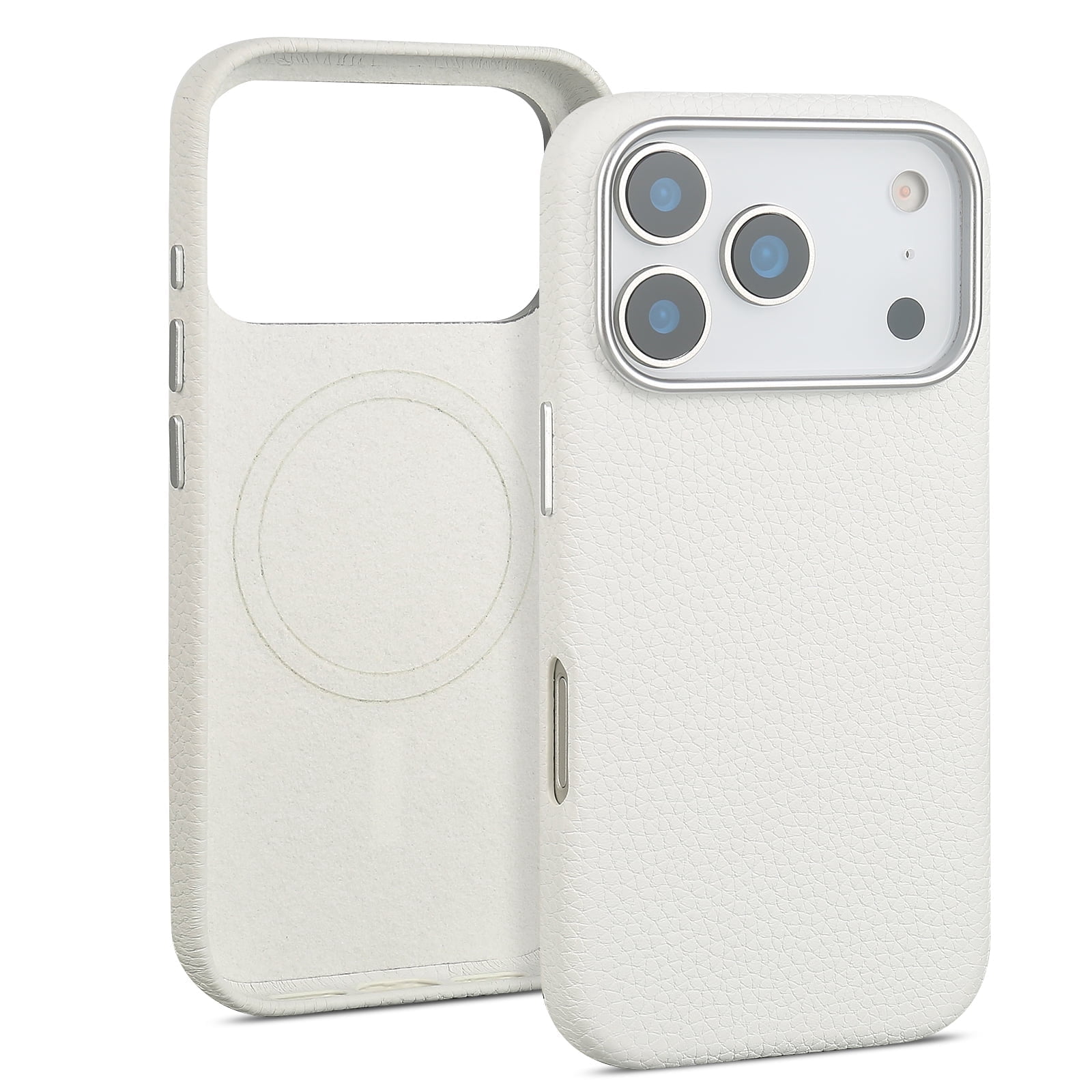 Genuine Leather Case for iPhone 17 Pro Max (6.9 inch)，Premium Litchi Grain Cowhide Cover，2025 New Shockproof & Slim Protective Case with Soft Microfiber Lining，White Fit for MagSafe