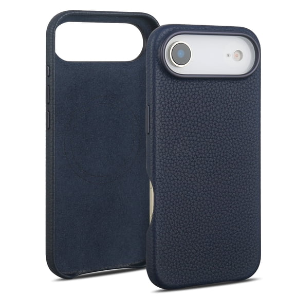 Genuine Leather Case for iPhone 17 Air (6.5 inch)，Premium Litchi Grain Cowhide Cover，2025 New Shockproof & Slim Protective Case with Soft Microfiber Lining，Blue Fit for MagSafe