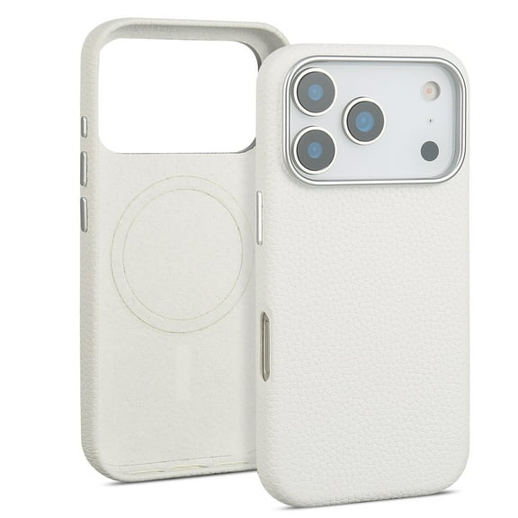 Genuine Leather Case for iPhone 17 Pro (6.3 inch)，Premium Litchi Grain Cowhide Cover，2025 New Shockproof & Slim Protective Case with Soft Microfiber Lining，White Fit for MagSafe