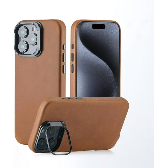 Genuine Leather Case for iPhone 16 Pro (6.3 inch), Vintage Crazy Horse Leather Case with Stand, Magnetic Phone Case with Camera Frame Holder, MagSafe Compatible Saddle Brown