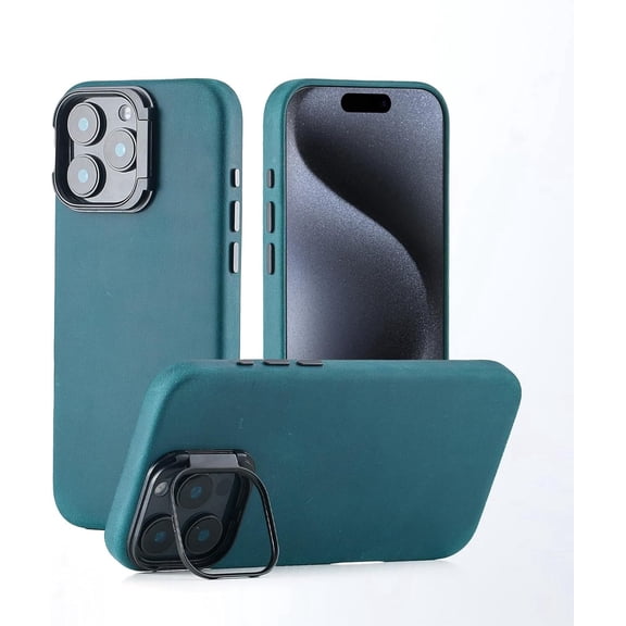 Genuine Leather Case for iPhone 16 Pro Max (6.9 inch), Vintage Crazy Horse Leather Case with Stand, Magnetic Phone Case with Camera Frame Holder, MagSafe Compatible Teal