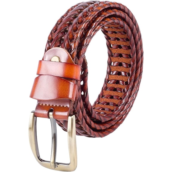 Genuine Leather Casual Woven Belt 1.36 Inch Wide Solid Strap Waistband with Single Prong Buckle Cowhide Leather Adjustable Waist Belt Brown