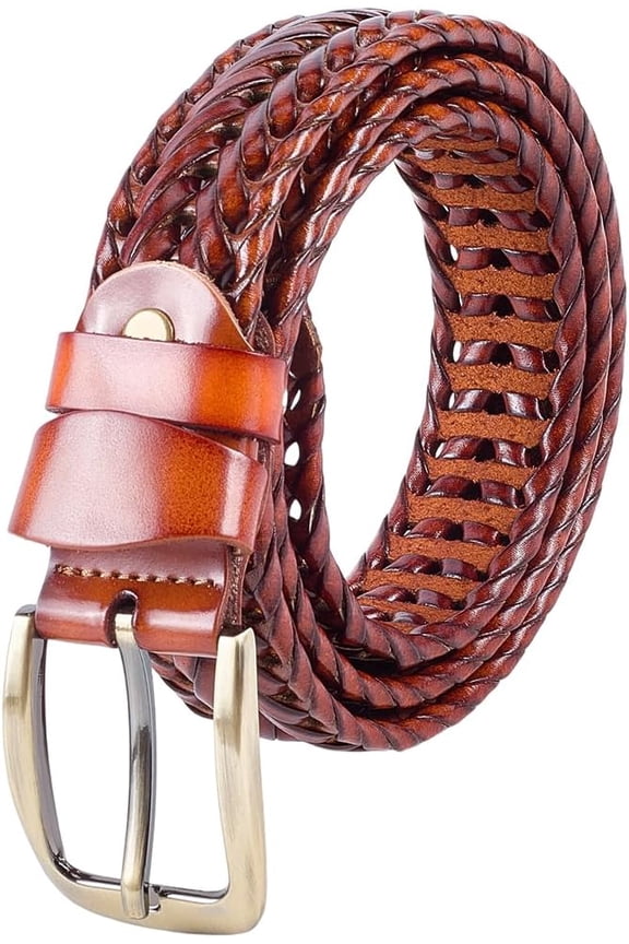 Genuine Leather Casual Woven Belt 1.36 Inch Wide Solid Strap Waistband with Single Prong Buckle Cowhide Leather Adjustable Waist Belt Brown