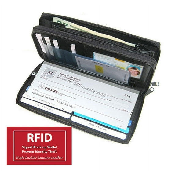 Genuine Leather Checkbook Secretary Wallet 2 Zipper Clutch Credit Card Organizer
