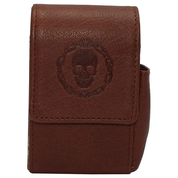 Genuine Leather Cigarette Box Anti-Scratch Protective Storage Case with Lighter Holder for Cigarette Lighter Skull Chain