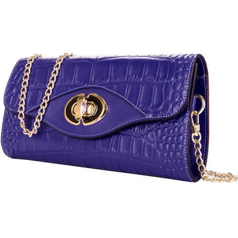 Genuine Leather Clutch Evening Bag with Chain Shoulder Strap (Fits Phones  up to 6.25In x 3.1In) 