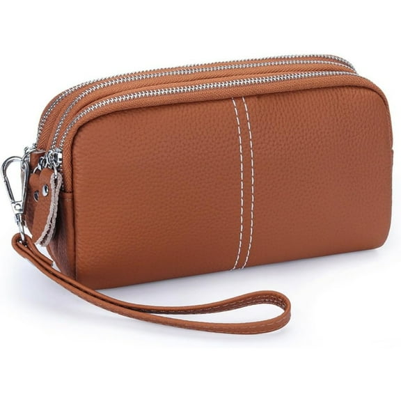 Genuine Leather Clutch Wallet Triple Zipper Purse for Women Wristlet Cell Phone Clutch Bag Purse