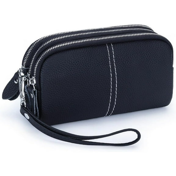 Genuine Leather Clutch Wallet Triple Zipper Purse for Women Wristlet Cell Phone Clutch Bag Purse