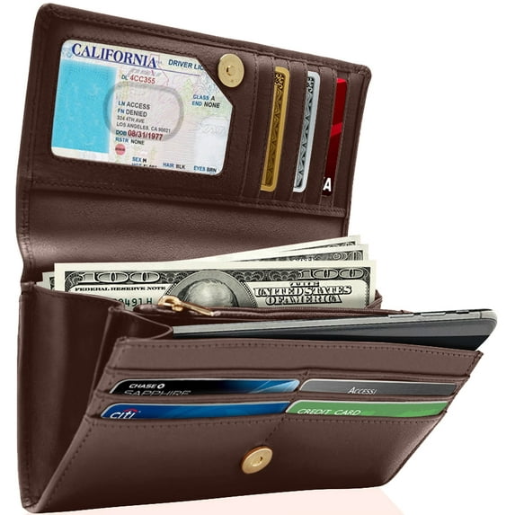 Genuine Leather Clutch Wallets For Women - Accordion Organizer Ladies Wallet With Removable Checkbook Cover And Gift Box RFID Blocking