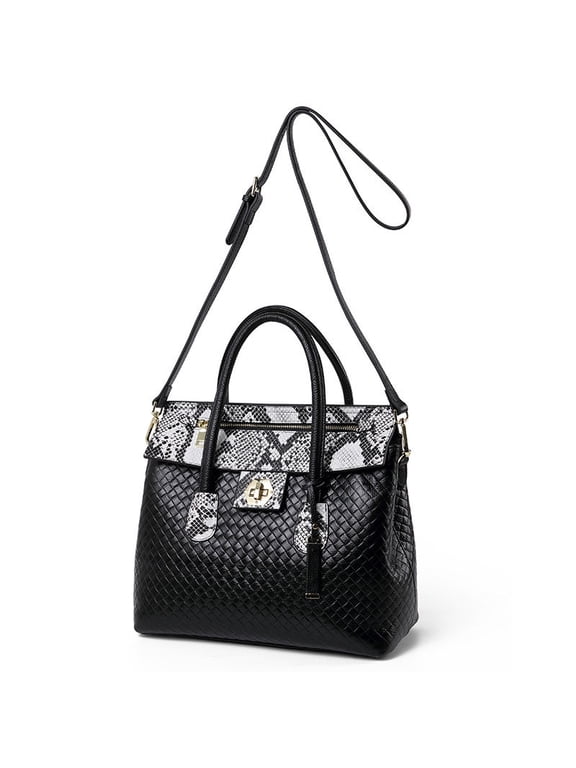 Genuine Leather Cowhide Women's Woven Embossed Snake Pattern Tote Shoulder Crossbody Handbag