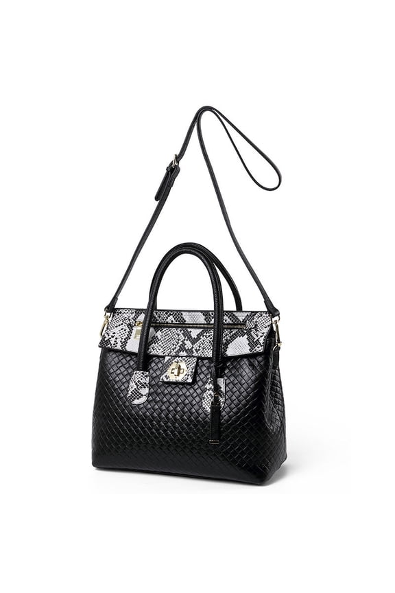 Genuine Leather Cowhide Women's Woven Embossed Snake Pattern Tote Shoulder Crossbody Handbag