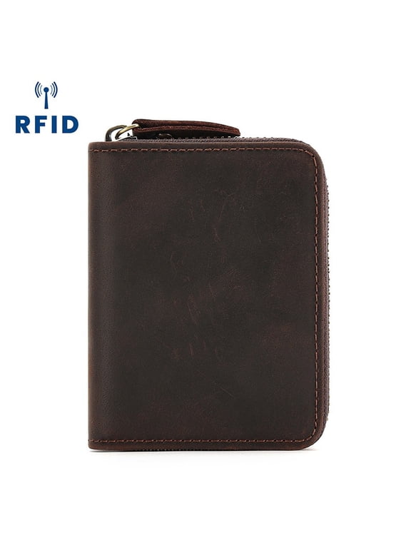 Genuine Leather Credit Card Holder Men Women Zipper Short Wallet Card Slots Casual Business RFID Blocking Man's Coin Purse RIFD Driving License Clutch Bag Wallet Multi Cards
