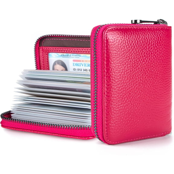 Genuine Leather Credit Card Holder Zipper Wallet RFID Blocking Secure Card Case ID Case Organizer (Rose Red)