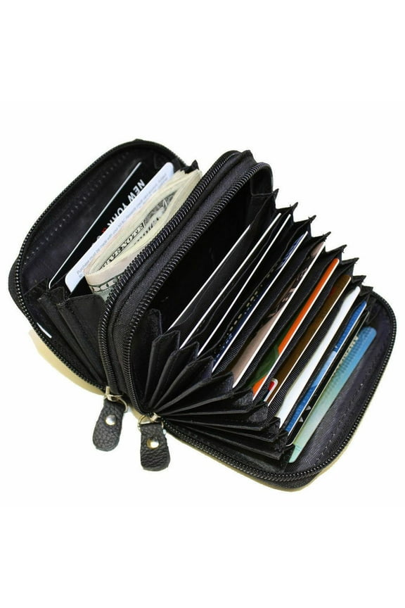 Genuine Leather Credit Card Wallet with Zipper Case Holder Security Travel RFID Blocking