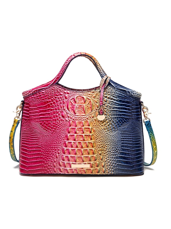 Genuine Leather Crocodile Pattern Gradient Top Handle Satchel Large Capacity Tote Bag for Commuter Casual Work