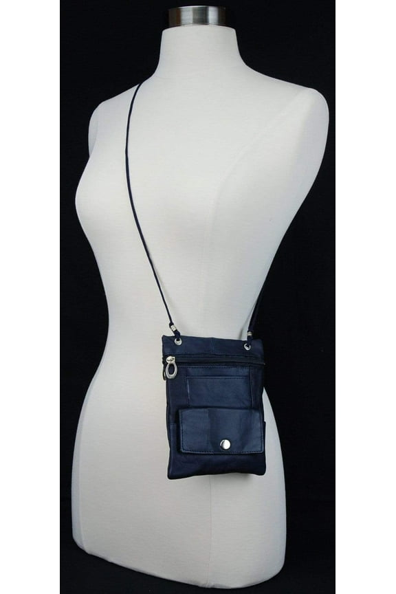 Genuine Leather Cross Body Bag With Front Button Pocket Blue