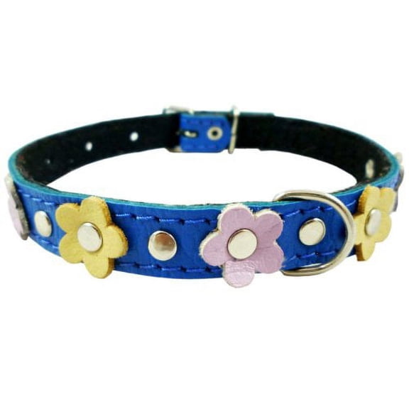 Genuine Leather Designer Dog Collar, Daisy, Studs. 14.5"x5/8" Wide. Fits 10"-13.5" Neck, Chihuahua, Poodle, Puppies