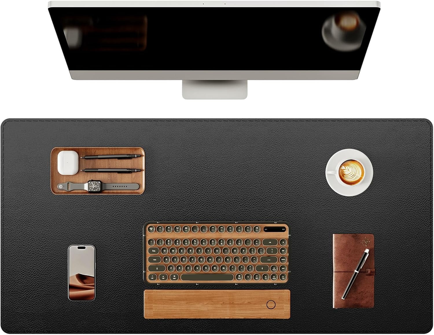 Genuine Leather Desk Mat, 35.4"X17" Leather Desk Mat, Office Desk Pad, Thick Desk Pad with Stitched Line, Non-Slip Laptop Writing Pad with Rubber Base(Black, 35.4"X17")