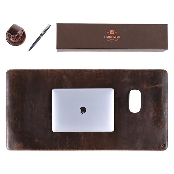 Genuine Leather Desk Pad with Pen - Office Desk Protector Mat, Large Mouse Pad 31x16, Non-Slip PU Leather Blotter, Laptop Desk Cover