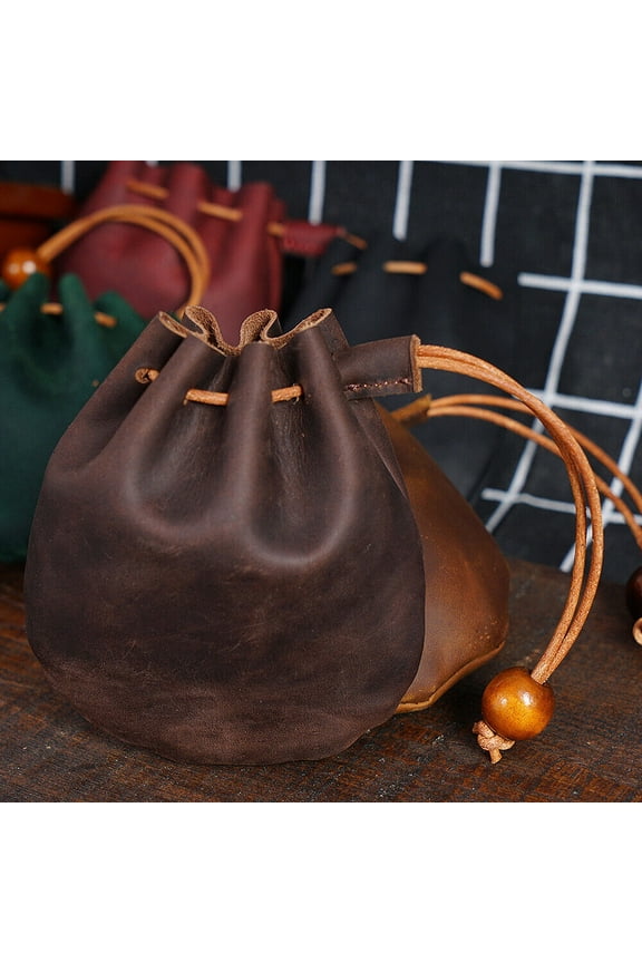 Genuine Leather Dice Coin Bag Pouch Medieval Renaissance Brown Drawstring Small