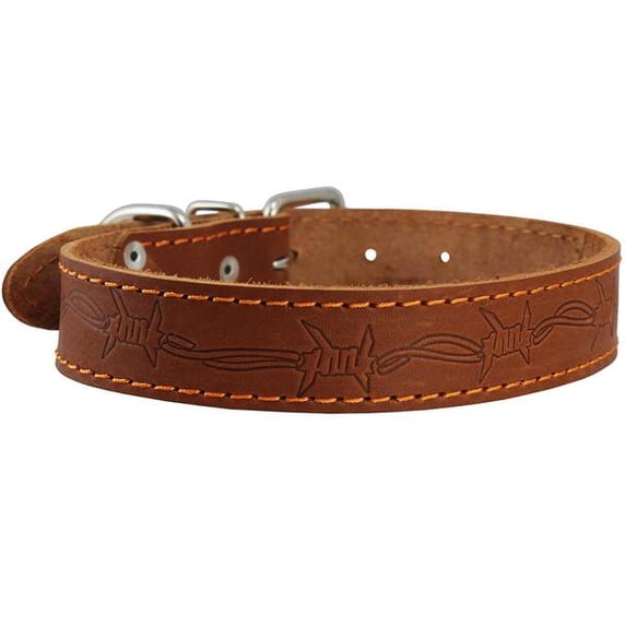 Genuine Leather Dog Collar Barb Wire Pattern Brown 4 Sizes (Neck Circumf: 16.5"-18.5"; 1.25" Wide)