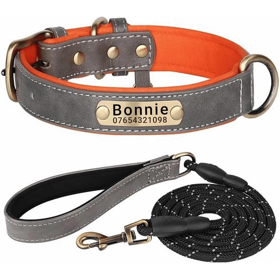 Genuine Leather Dog Collar Personalised Engraved Name Collar with Soft Padded Design Adjustable & Durable for Small Medium Large Dogs Leash Set Custom Heavy Duty Featuring