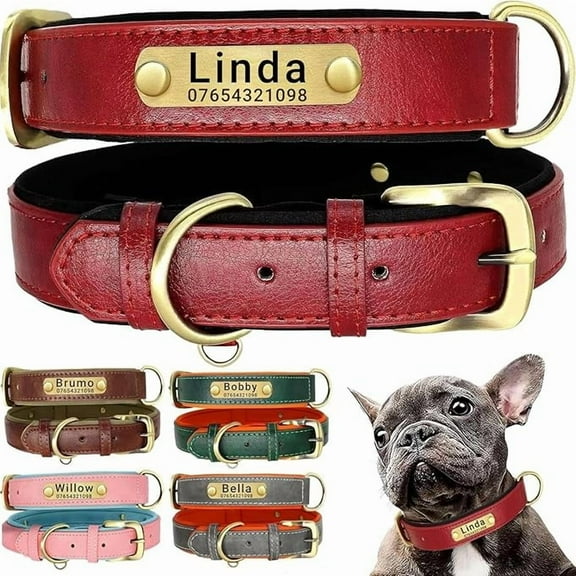 Genuine Leather Dog Collar Personalised Engraved Name Collar with Soft Padded Design Adjustable & Durable for Small Medium Large Dogs Leash Set Custom Heavy Duty Featuring