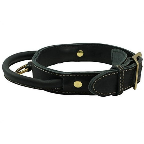 Genuine Leather Dog Collar, Rolled Leather Handle Black (Large: Neck: 18"-21")