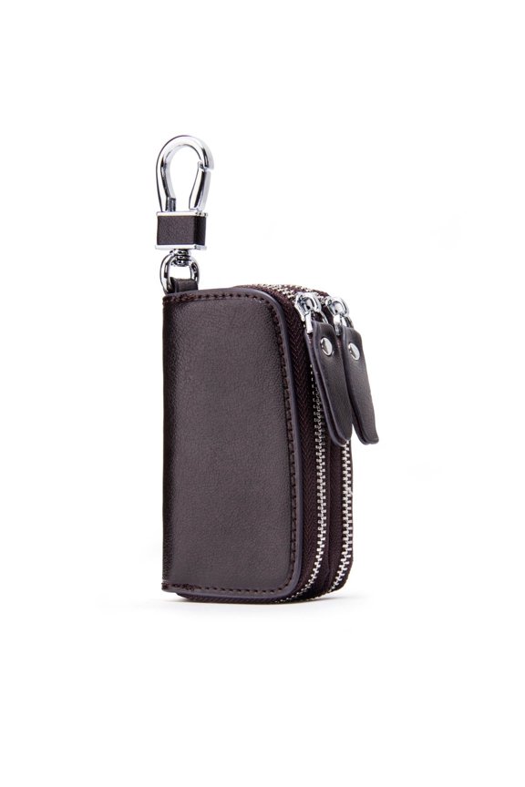 Genuine Leather Double Zipper Car Key Case with 4 Key Rings, Key Organizer for Men and Women